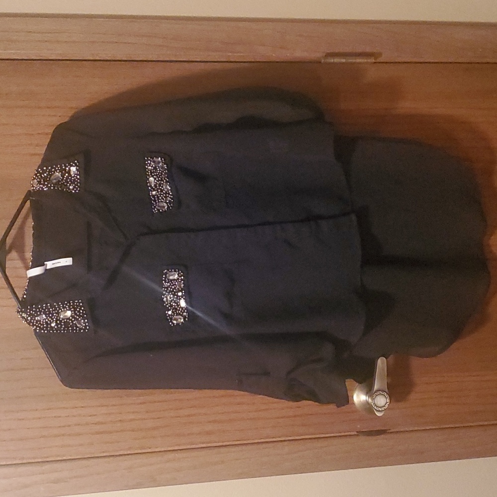 Size L Black Rhinestone See Through High-Low Button Down Blouse